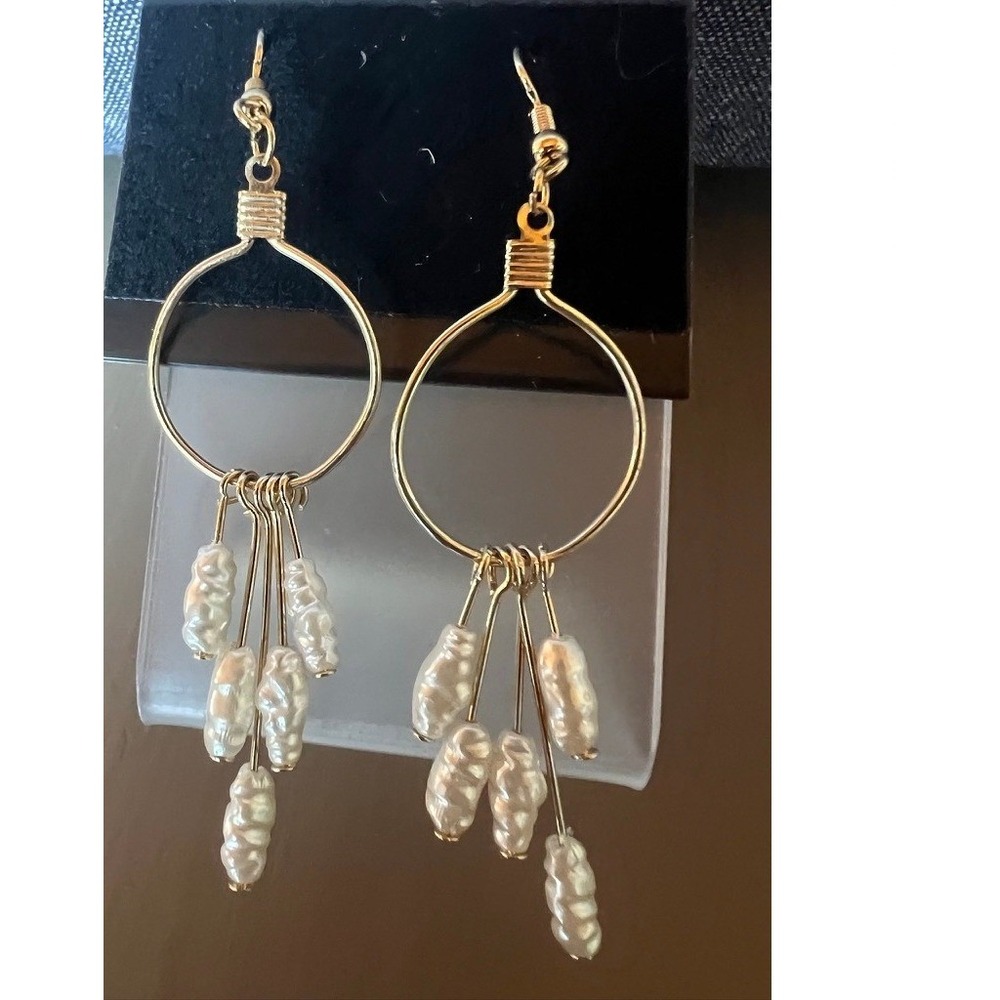 Hoop Dangle Earrings Gold Freshwater Pearl Tassel Boho Coastal 3" Beachy Chic